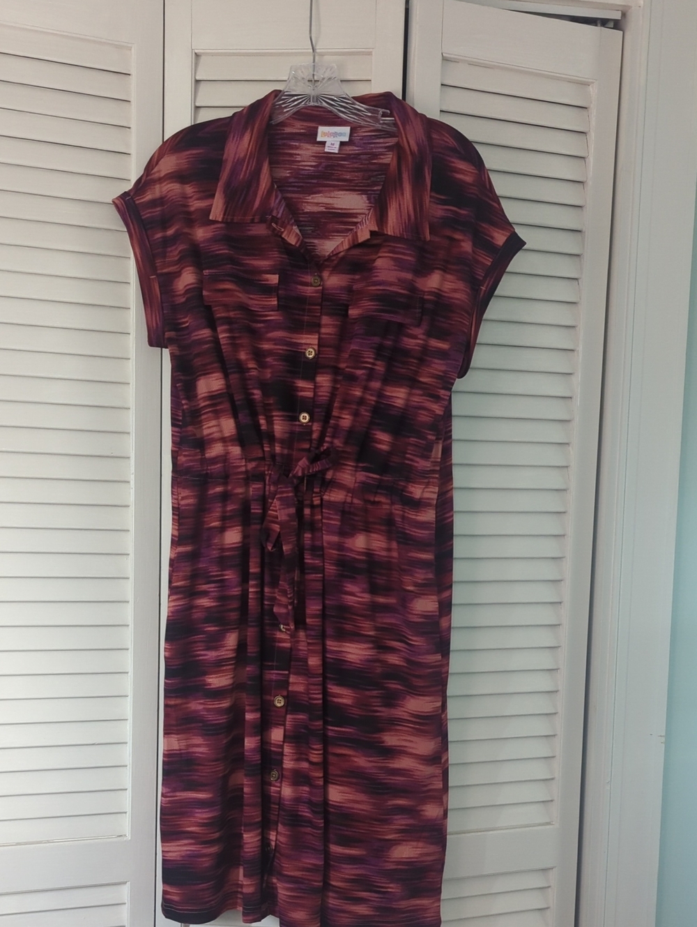 LuLaRoe Maroon and Pink Striped Button-Down Midi with Waist Tie